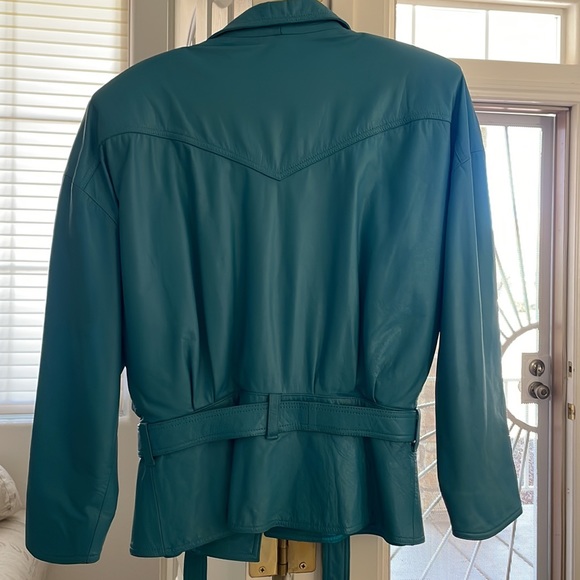 Vintage Leather Turquoise size Large jacket 2 pockets Belted, perfect condition - Picture 3 of 6